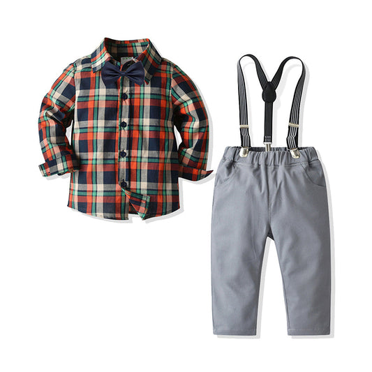 2 Pieces Set Kid Boys Checked Bow Shirts And Solid Color Pants