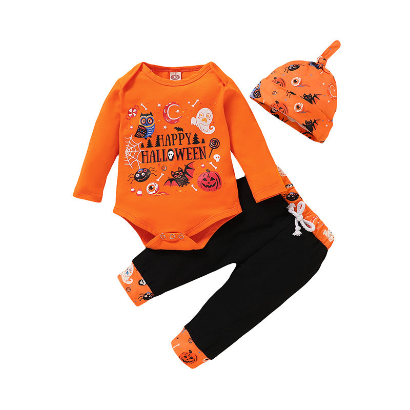 3 Pieces Set Baby Unisex Halloween Letters Animals Star Expression Print Rompers Pants And Hats