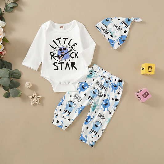 3 Pieces Set Baby Girls Boys Letters Cartoon Print T-Shirts Pants And Hats