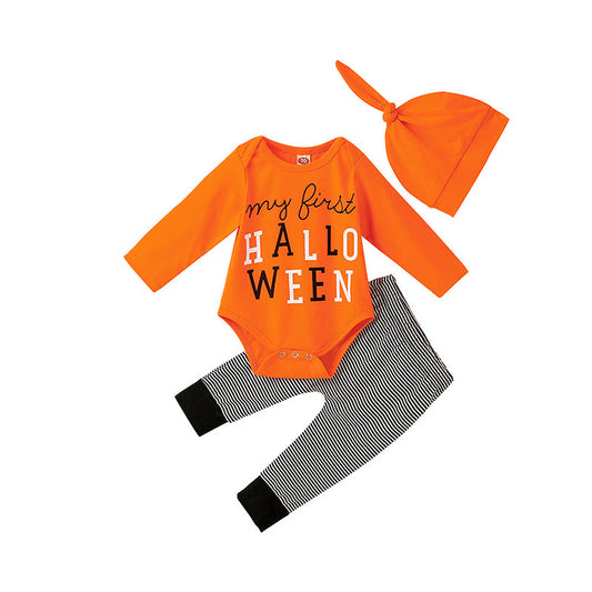 3 Pieces Set Baby Girls Boys Halloween Letters Tops Striped Pants And Solid Color Hats