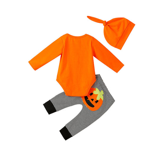 3 Pieces Set Baby Girls Boys Halloween Letters Tops Striped Pants And Solid Color Hats