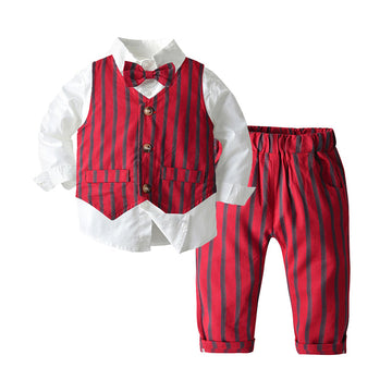 3 Pieces Kid Boy Gentleman Set Bowtie Shirt & Stripe Pants & Vest