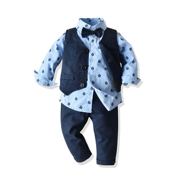 3 Pieces Kid Boy Outfit Allover Print Bow-tie Shirt & Vest & Pants