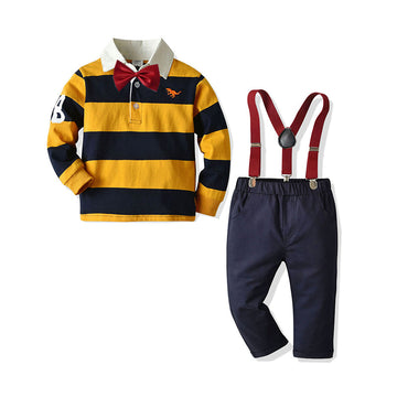 4 Pieces Kid Boy Set Yellow Stripe Polo Shirt & Pants & Suspnder & Tie