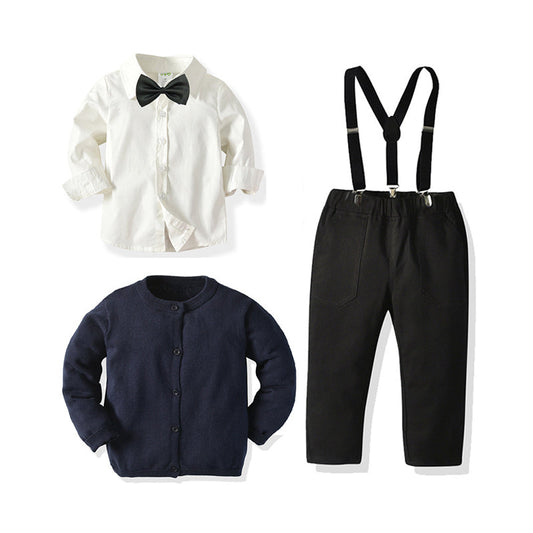 Fashion 5 Pieces Kid Boy Gentleman Set Bowtie Shirt & Suspender Pants & Knitted Cardigan