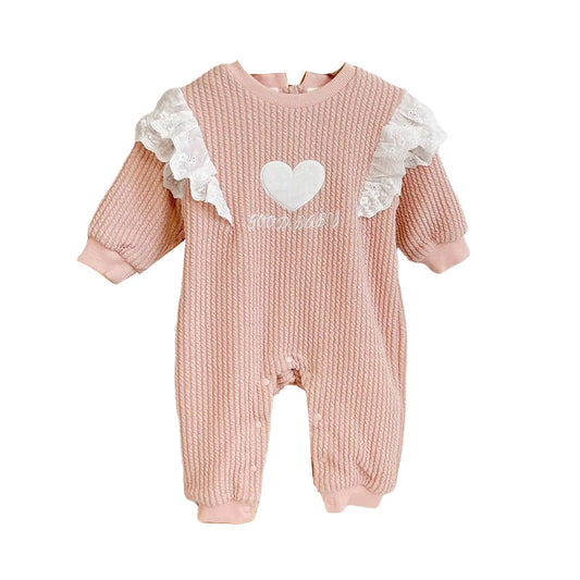 Baby Kid Girls Solid Color Love heart Muslin&Ribbed Jumpsuits