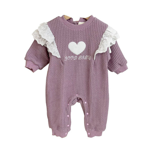 Baby Kid Girls Solid Color Love heart Muslin&Ribbed Jumpsuits