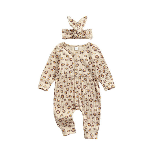Baby Kid Unisex Flower Bow Muslin&Ribbed Print Jumpsuits