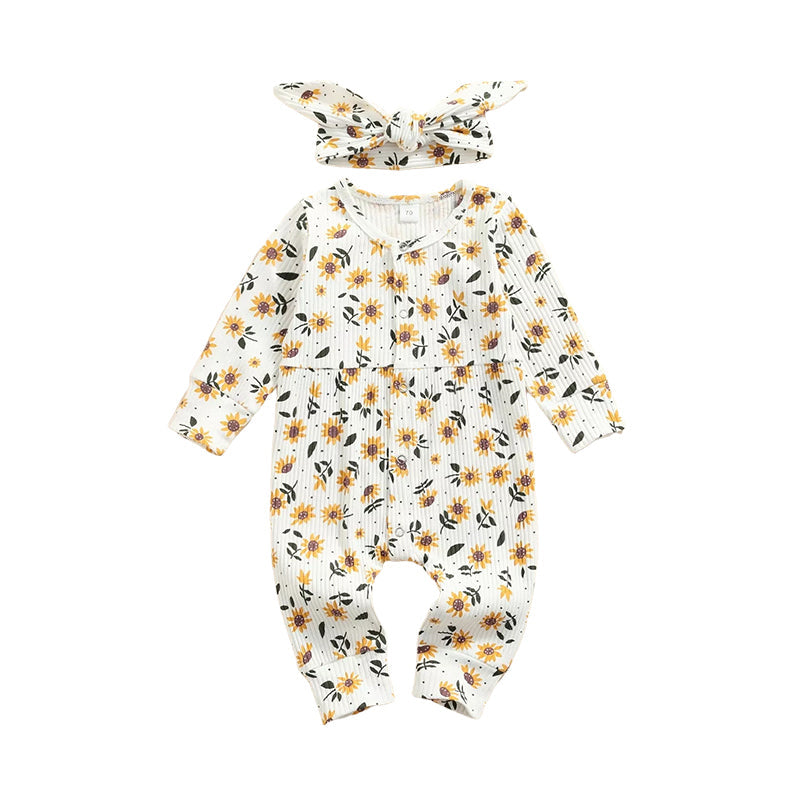 Baby Kid Unisex Flower Bow Muslin&Ribbed Print Jumpsuits