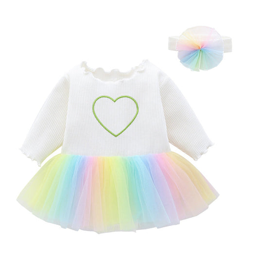 Baby Girls Rainbow Love heart Lace Muslin&Ribbed Valentine's Day Rompers Headwear