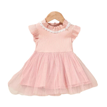 Baby Kid Girls Solid Color Lace Muslin&Ribbed Dresses Princess Dresses