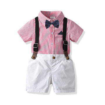 2 Pieces Set Baby Kid Boys Dressy Polka dots Bow Shirts And Striped Trousers