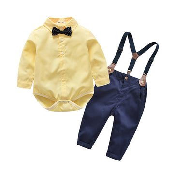 2 Pieces Kid Boy Set Yellow Bowtie Shirt Bodysuit & Overall Pants