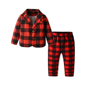 Fashion 2 Pieces Set Baby Kid Girls Boys Birthday Party Color-blocking Checked Blazers And Pants