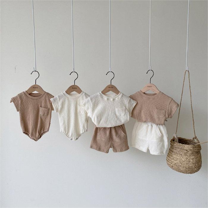 Baby Kid Unisex Solid Color Muslin&Ribbed Tops Shorts And Rompers