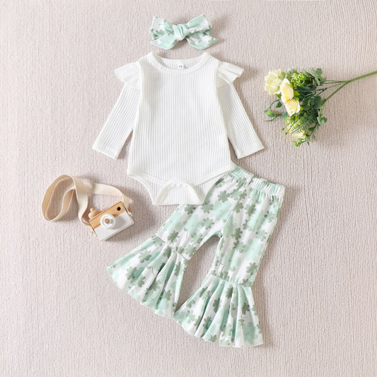 3 Pieces Set Baby Girls St Patrick's Day Solid Color Rompers And Plant Print Pants And Bow Headwear