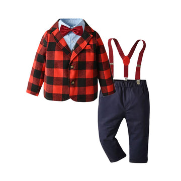 3 Pieces Set Baby Kid Boys Dressy Bow Shirts Checked Blazers And Trousers