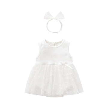 Baby Girls Solid Color Bow Lace Print Birthday Dresses Headwear