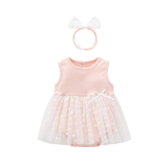 Baby Girls Solid Color Bow Lace Print Birthday Dresses Headwear