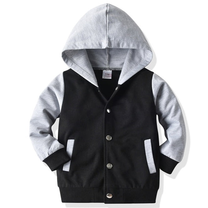 Cute Kid Boy Colorblock Button Up Hooded Jacket