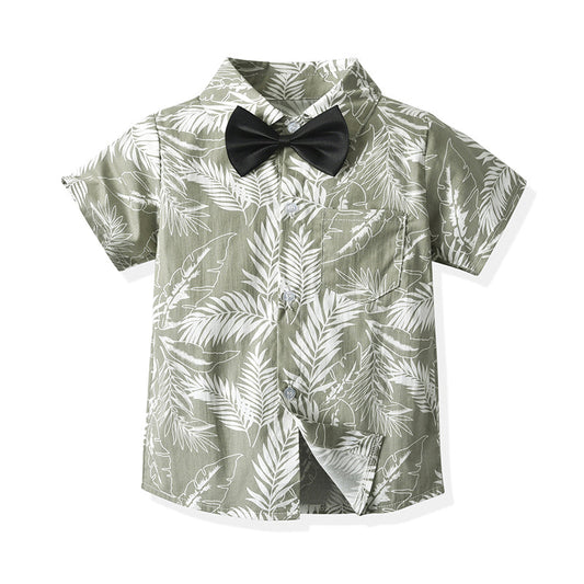 Kid Boy Leaf Print Bowtie Shirt