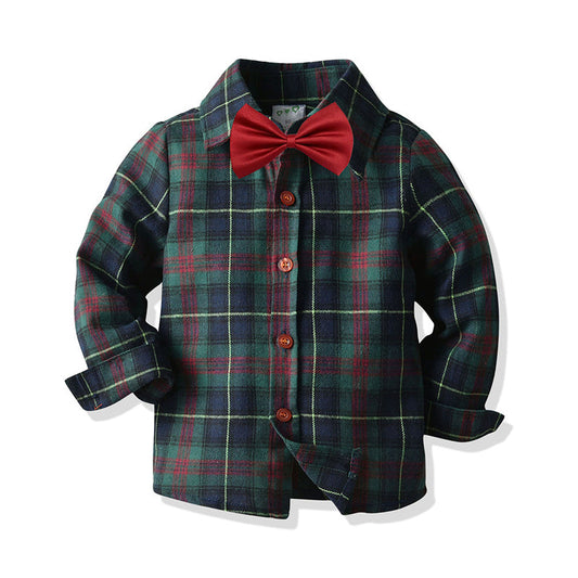 Kid Boy Long Sleeve Plaid Bowtie Shirt