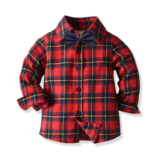 Kid Boy Long Sleeve Plaid Bowtie Shirt