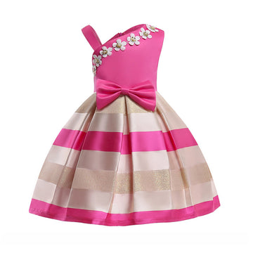 Kid Girl Bow Stripe One Shoulder Flower Party Dress