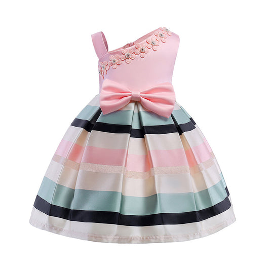 Kid Girl Bow Stripe One Shoulder Flower Party Dress