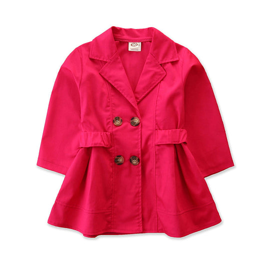 Kid Girl Double Button Solid Color Coat