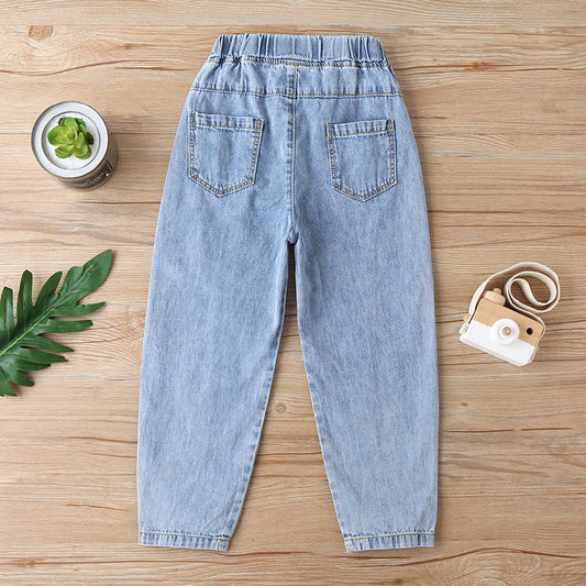 Kid Girl Elastic Waist Solid Color Jeans