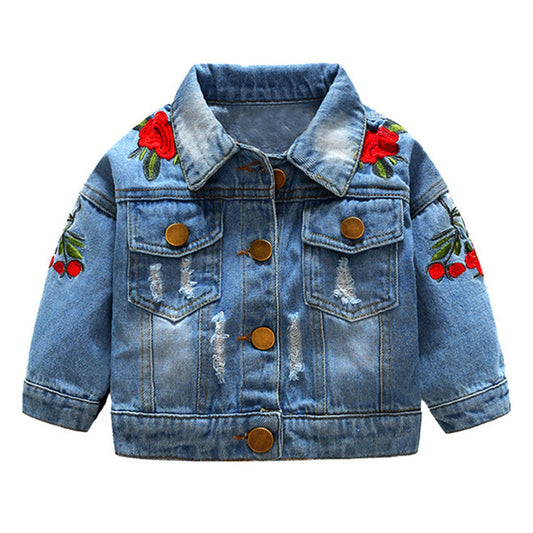 Kid Girl Embroidery Flowers Ripped Denim Jacket