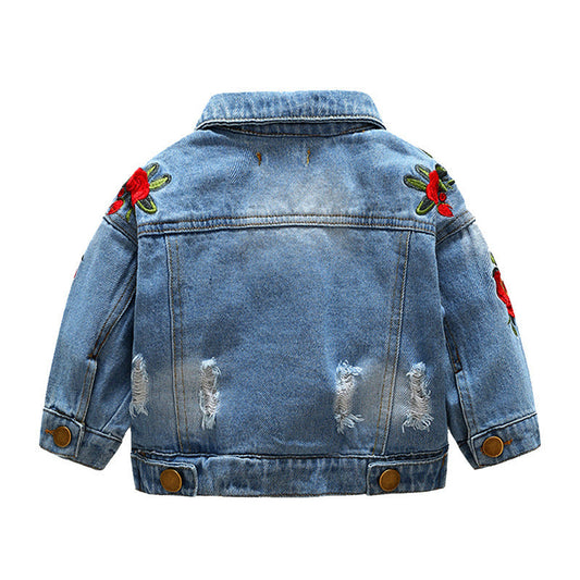 Kid Girl Embroidery Flowers Ripped Denim Jacket