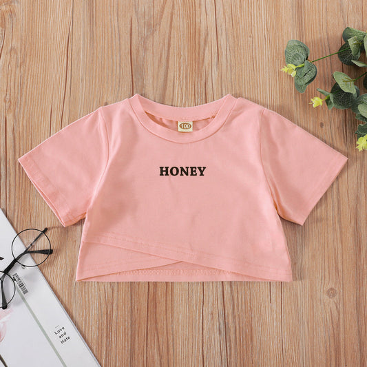 Kid Girl Honey Print Crop Top In Pink