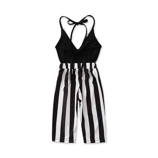 Kid Girl Lace Decor Stripe Halter  Jumpsuit