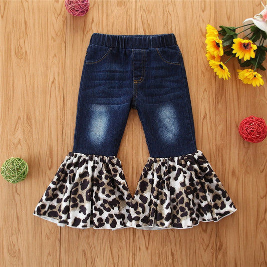 Baby Kid Girls Color-blocking Leopard Print Jeans