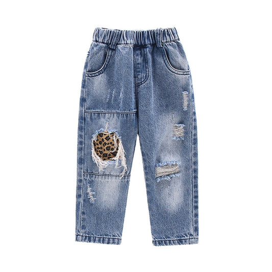 Kid Girl Leopard Patchwork Elastic Waist Jeans