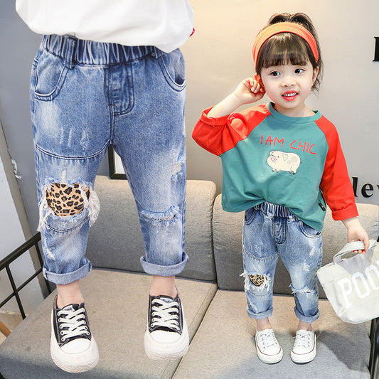 Kid Girl Leopard Patchwork Elastic Waist Jeans