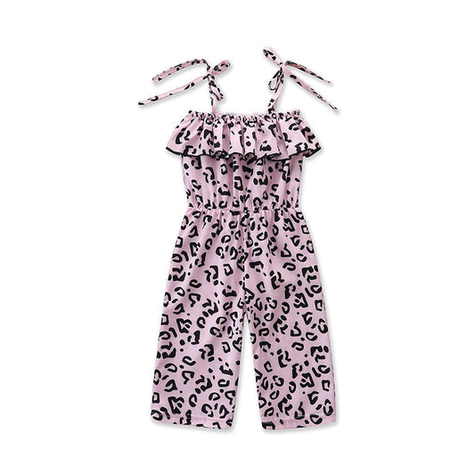 Kid Girl Leopard Print Ruffle Trim Knotted Cami Jumpsuit