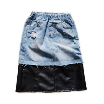 Kid Girl PU Patchwork Denim Skirt