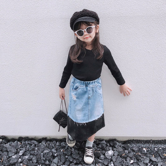 Kid Girl PU Patchwork Denim Skirt