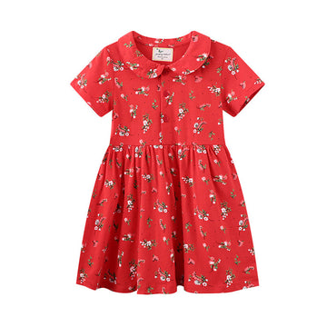 Kid Girl Peter Pan Collar Flower Red Dress