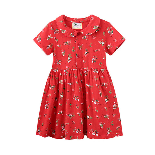 Kid Girl Peter Pan Collar Flower Red Dress