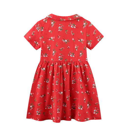 Kid Girl Peter Pan Collar Flower Red Dress