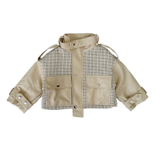 Kid Girl Plaid Trendy PU Jacket