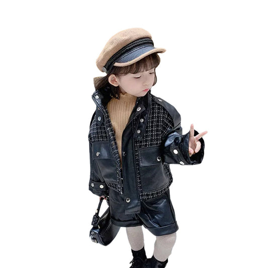 Kid Girl Plaid Trendy PU Jacket