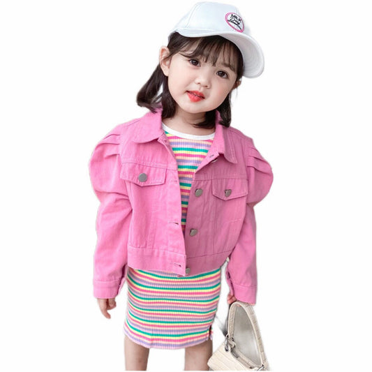 Kid Girl Puff Sleeve Pink Denim Jacket