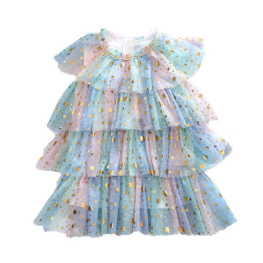 Kid Girl Rainbow Star Tiered Layered Mesh Princess Dress