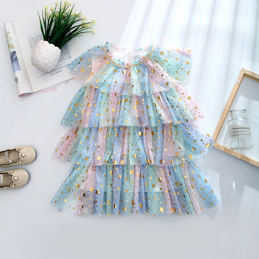 Kid Girl Rainbow Star Tiered Layered Mesh Princess Dress