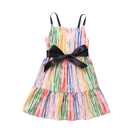 Kid Girl Rainbow Stripe Self Tie Sling Dress